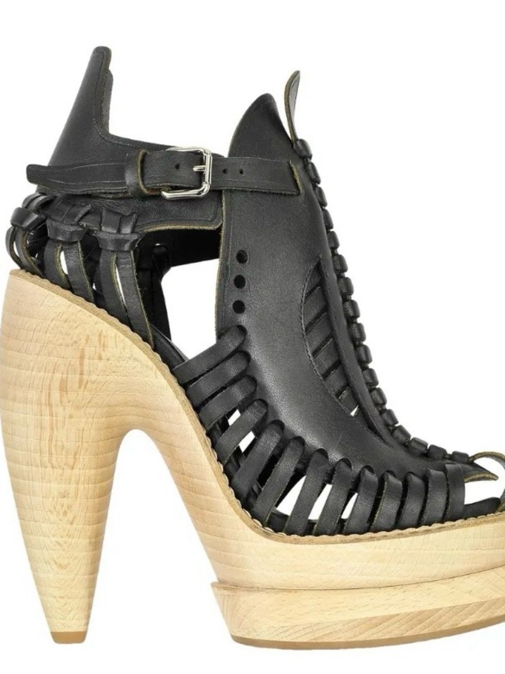 Proenza Schouler Black Woven Leather Platform Sandal with Wood Heel